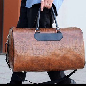 NEW Men's Brown Crocodile Embossed Faux Leather Overnight Weekend Duffel Bag